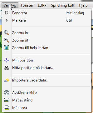 4.4. Verktygsmeny Menyn innehåller följande (klicka på rubrikerna för att läsa mer om dem): Panorera sid. 31 Markera sid. 31 Zooma in sid. 31 Zooma ut sid. 32 Zooma till hela kartan sid.