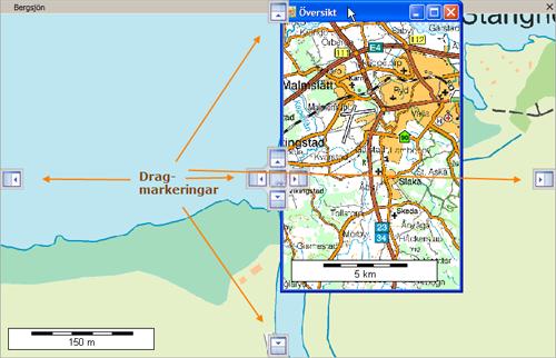 Klicka på kartvyn du vill flytta, håll ner vänster musknapp och dra loss fönstret. De markerande knapparna syns.