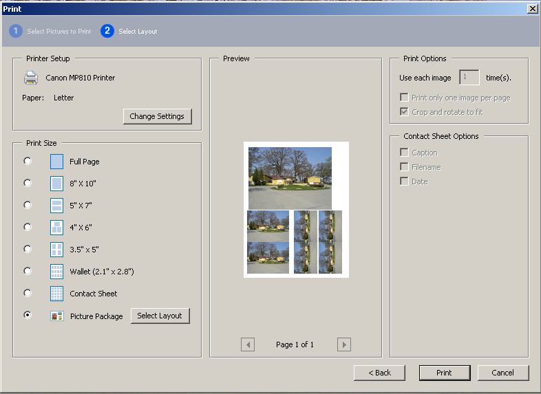 18 av 21 Bilder i Adobe Acrobat 2009-02-16 2.3 SKRIVA UT Adobe Acrobat har två utskriftsmenyer; <Picture Tasks/Print Pictures> respektive <File/Print...> 2.3.1 Print Pictures Så här ser utskriftsmenyn ut för bilder.