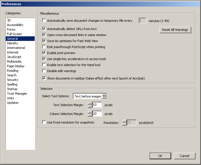 4 av 21 Bilder i Adobe Acrobat 2009-02-16 1.1 INSTÄLLNINGAR I ADOBE READER Låt oss först titta på några menyer vilka visa inställningar som kan underlätta hanteringen av PDF-bildband.