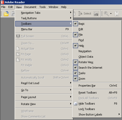 6 av 21 Bilder i Adobe Acrobat 2009-02-16 1.1.4 Knappar för Åtgärder Under >View >Task Buttons bör menyerna vara förbockade. - Vi går vidare till verktygslistningen. 1.1.5 Verktygsuppsättningen Under >View >Toolbars finner vi några användbara verktyg.