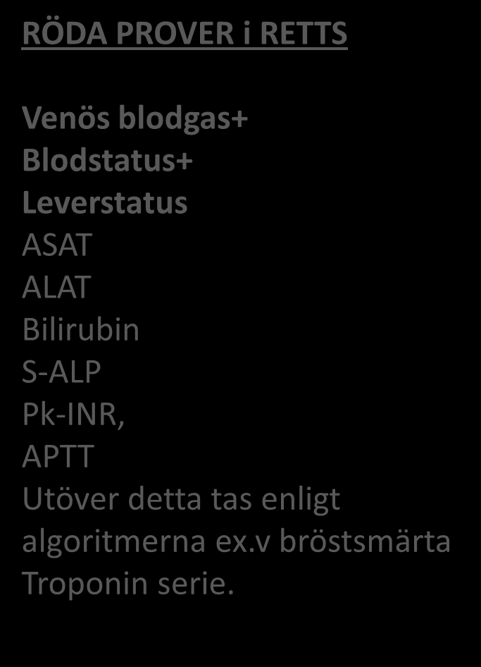 Provtagning enligt RETTS GULA PROVER i RETTS Venös blodgas som innehåller Hb P-glukos Na,K,Ca, Krea* Blodgas S-laktat *Körs fn via C-lab Utöver detta tas enligt algoritmerna ex feber CRP, bröstsmärta