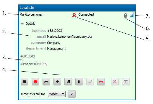 Kapitel 3. Ringa 3 Ringa 3.1 Översikt över samtalspanelen Figur 3.1. Översikt över samtalspanelen Tabell 3.1. Samtalspanelen 1. Den anslutna partens namn. 2. Den anslutna partens vcard.