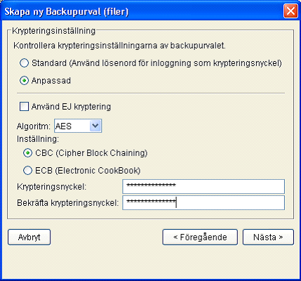 Skapa backup 29 Mata in den krypteringsnyckel du vill använda och tryck sedan på "Nästa" Observera! Om du anger en krypteringsnyckel måste du ha denna för att kunna återskapa dina filer.