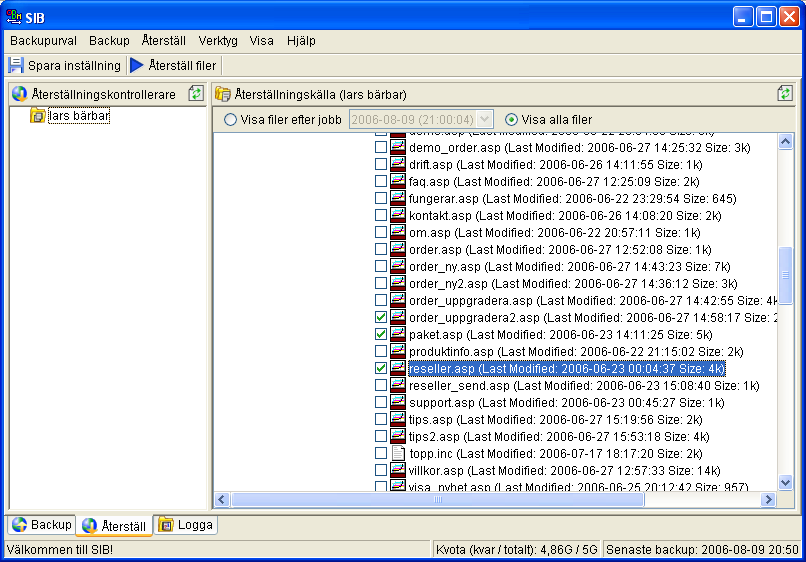 Återskapa 33 4.2 Via klientprogram För att återskapa backup via klient börjar du med att logga in, och trycker på fliken "Återställ" i programmets nederkant.