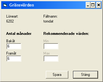 Användarhandbok GEMENSAM Sida 3-9 Fönstret Gränsvärden (antal eller belopp) I fönstret Gränsvärden har du möjlighet att per löneart ange vilka värden som är lägsta och högsta tillåtna på antal och