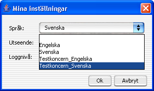 Användarhandbok GEMENSAM Sida 4-14 För att aktivera det lokalt anpassade språkstödet väljer du i Egenrapportering Mina inställningar, Språk och utseende, Språk. Fönstret Mina inställningar 3.6.