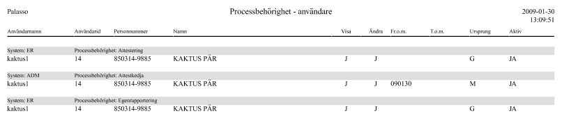 Användarhandbok GEMENSAM Sida 6-11 Exempel på löneartskatalog 6.13 Processbehörighet användare För att nå det här menyvalet behöver du behörigheten till processen BEH Rapport Processbeh - anv.