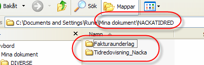 Mallen skapar automatiskt en katalog med namnet NACKATIDRED i Mina Dokument. I den katalogen finns ytterligare 2 kataloger; Tidredovisning_Nacka samt Fakturaunderlag.