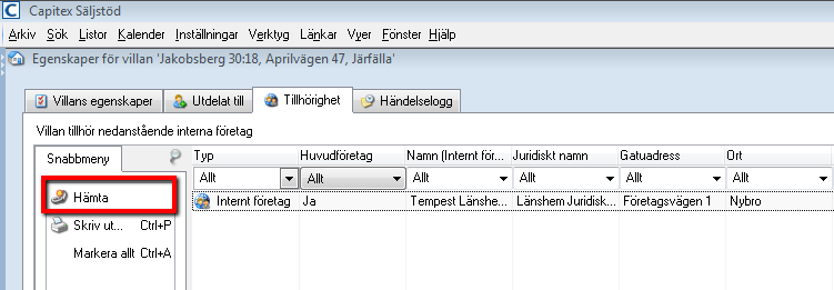 KOPPLING OBJEKT - INTERNT FÖRETAG För att ändra koppling till internt företag på ett objekt högerklickar du på objektet i en lista och välj Egenskaper : Ställ dig på fliken Tillhörighet och välj