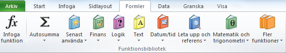 Infoga funktioner När du vill använda dig av en inbyggd funktion i Excel arbetar du via fliken Formler eller dialogrutan Infoga funktion.