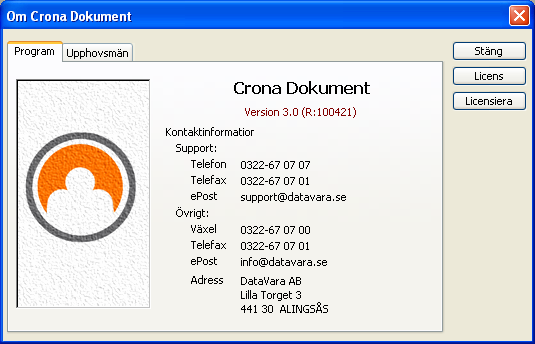 Çrona Dokument Komma igång Om-rutan visar programversionen. Här kan du också licensiera programmet. Är inte programmet licensierat ställs frågan om du ska göra detta vid varje programstart.