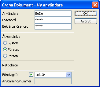 Çrona Dokument Inställningar Ta bort lösenord Om man inte lägre vill skydda programinformationen med ett lösenord tar man bort det genom att som nytt lösenord ange ett tomt eller blankt lösenord.