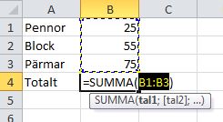 Skapa formler - Autosumma Autosumma Eftersom summafunktionen är den i särklass mest utnyttjade har Excel en särskild knapp för den. Det finns flera olika sätt att använda Autosumma.