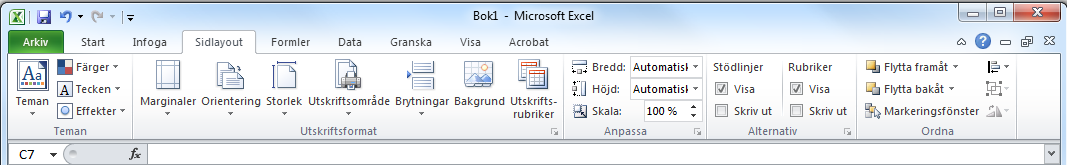 Utskrift - Utskriftsformat Utskrift Innan du skriver ut en kalkyl i Excel behöver du göra inställningar för exempelvis stående eller liggande format, sidbrytningar eller marginaler.