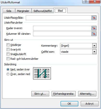 Utskrift - Utskriftsformat Utskriftsrubriker När du har en stor kalkyl som sträcker sig över flera sidor vid utskrift, kan Excel visa rubriker på varje sida vid utskriften, oberoende av antal sidor.