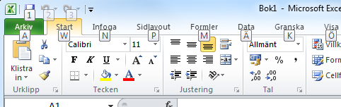 Skärmbilden - Visningslägen (vyer) Alt-tangenten Alt-tangenten aktiverar kortkommandon kopplade till menyflikar.