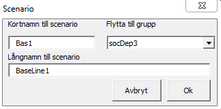 31 (37) 3. Ett formulär för scenario öppnas. 4. Obs! Klicka inte på något scenario i lista. Då återställs alla värden till det senaste sparade. Klicka på knappen Lägg till/uppdatera scenario. 5.