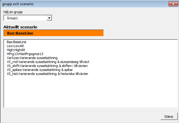 8 (37) Scenario och grupp För att välja ett scenario klickar du på knappen Välj scenario & grupper, Figur 7. Figur 7 Figur 8 Välj scenario genom att markera scenarionamnet.