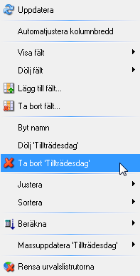 Om du vill kan du dölja fält eller ta bort fält. I så fall väljer du Ta bort fält i snabbmenyn (högerklicka på det fält som du vill ta bort).