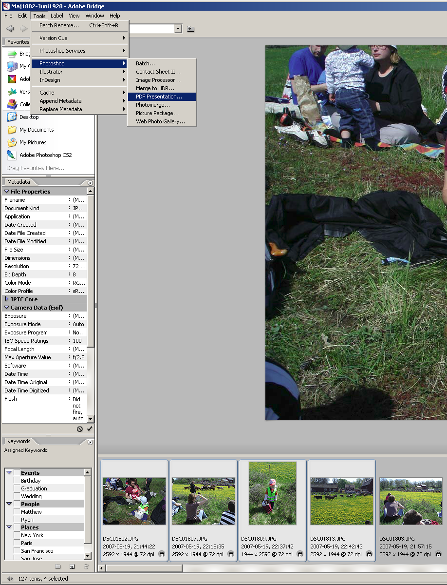 12 av 13 Utskrift och Bildband från Photoshop 2010-07-01 4.2.1 Skapa PDF-presentationen Fyra foton har valts ut och ordnats för att skapa ett litet bildband via Photoshop.