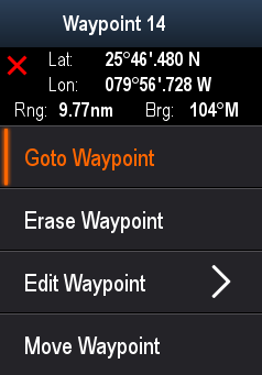 Waypoints återges på skärmen med anpassningsbara waypoint-symboler. Det går att skapa, flytta och radera waypoints. Det går också att exportera eller importera waypoints.