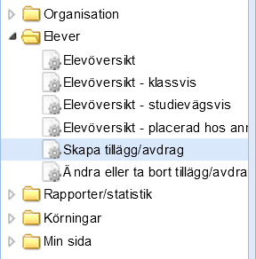 Elever För att söka fram elever finns olika menypunkter under menyn Elever Elevöversikt Elevöversikt klassvis Elevöversikt Studievägsvis Elevöversikt placerad hos annan huvudman Nytt för 201406 Skapa