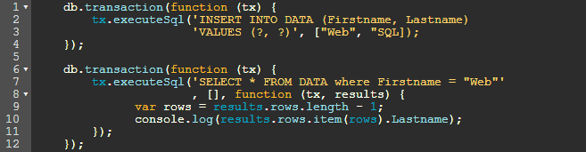 transaktionsobjekt. Med hjälp av transaktionsobjektet kan SQLite-kommandon exekveras av funktionen executesql (Sharp, 2010). Figur 3.5. Initiering av en Web SQL databas. I figur 3.