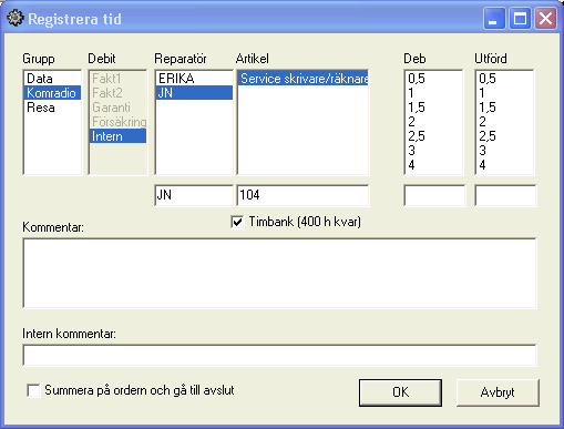 Programmets delar. 103 Välj artikel som ska registreras Deb Välj tid som ska debiteras eller ange ett eget värde. Utförd Välj tid som utfördes eller ange ett eget värde.