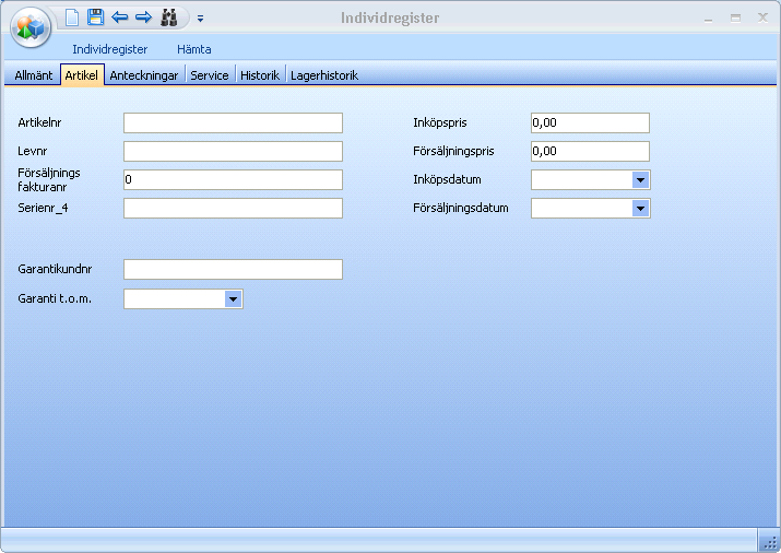 Programmets delar. 79 Artikelnr Visar individens artikelnummer. Levnr Visar kundnummer till leverantören. Försäljningsfakturanr Visar fakturanummret som skapades när artikeln såldes.