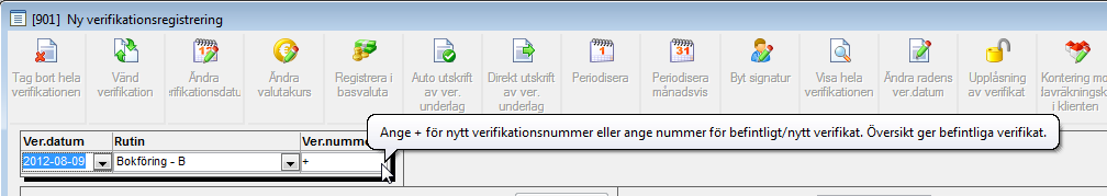 Det finns möjlighet att ha en egen verifikationsnummerserie för varje rutin. Verifikationsnummersättningen börjar om på ett angivet startärde varje bokföringsår (se nedan).