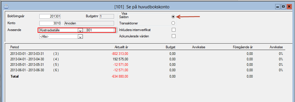 Som exempel väljer vi nu att låsa upp verifikatet ovan, och ändrar rad 1 från konto 4010 till 4011 samt kostnadsställe från 21 till 31: Tar man återigen ut rapporten Skriv ut historik, så har