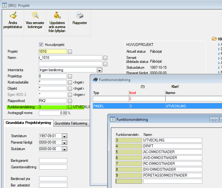 OBS! När man väl använt funktionsindelningen för en konteringskod bör man inte utan hjälp ändra till annan konteringskod.