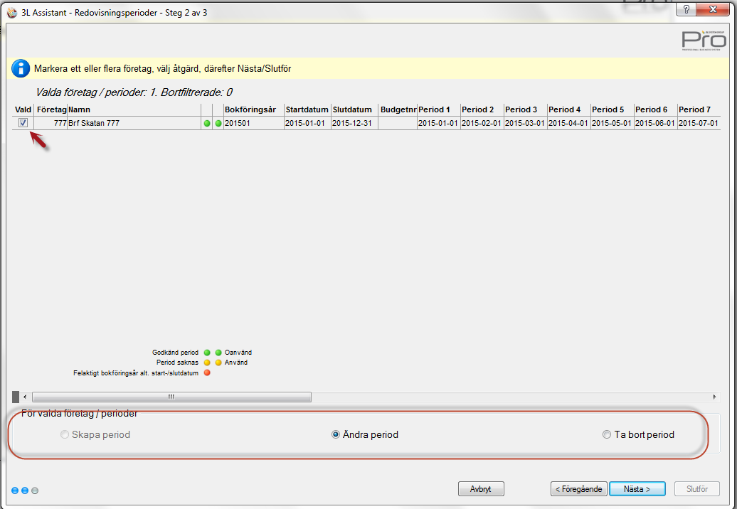 Markera det företag du vill hantera och välj om du vill Skapa perioder Ändra perioder Ta bort perioder Vid nästa visas denna bild där du har möjlighet att editera