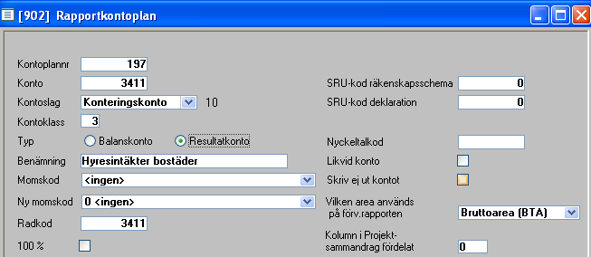 Exempel på hur rapportkontoplanen byggs upp: RUBRIK 2 TILLGÅNGAR Rubrik 3 Anläggningstillgångar Rubrik 4 Byggnader och mark Konteringskonton Summa 4 Byggnader och mark Rubrik 4 Maskiner och