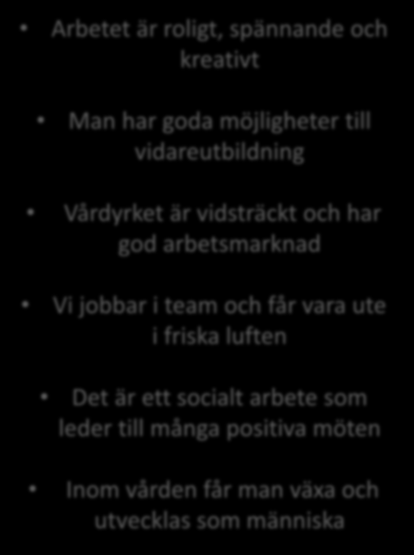 Ibland är arbetet tungt och tråkigt Vi behöver bättre arbetstider och bättre scheman Små neddragningar är ett störningsmoment och små belöningar skulle öka trivseln Personalen kommer inte till jobbet.