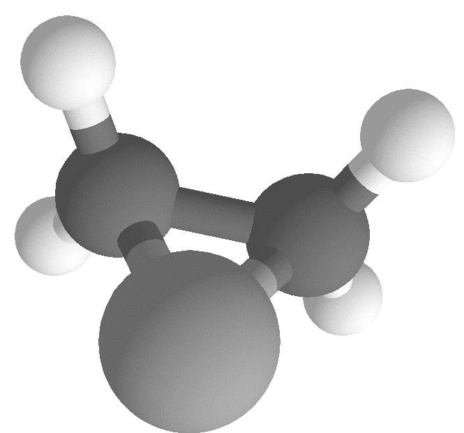 Reaktionerna som sker kan sammanfattas i formeln: Figur 42 Etenoxid Figur 43 Etylenglykol 5 eten + 5 syre 4 etenoxid + 2 koldioxid + 2 vatten Etenoxid är en mycket reaktiv molekyl, och därför måste
