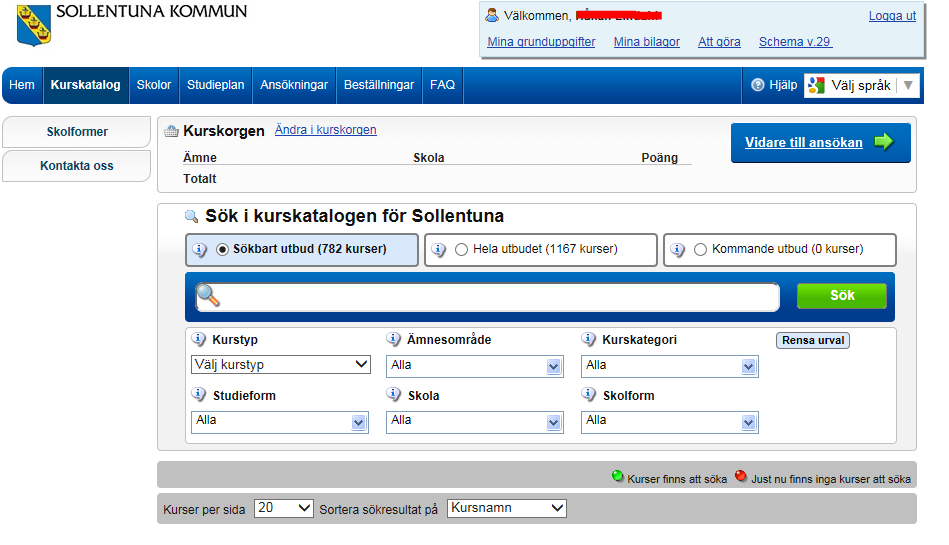 3. Nu ska du välja de kurser du vill ansöka till. Du kan antingen skriva namnet på den kurs du vill söka fram i sökrutan och klicka på sök, se gröna pilar. 4. Eller så här; se röda pilar.