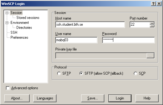 Host name: ssh.student.bth.se Port number: 22 User name: skolakronym Password: [ditt lösenord] Protocol: Spelar ingen roll, alla tre valen fungerar. När du ansluter mot ssh.student.bth.se kommer du hamna på någon av unixdatorerna i skolans unixsalar.