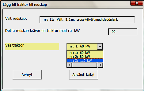 2.5 Sammanställningsbladet Här kan du spara resultaten från en maskinkalkyl innan du börjar med en ny. På så sätt kan kostnaden för en hel maskinuppsättning beräknas. OBS! VIKTIGT!