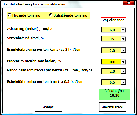 Figur 22. Popup-fönster för beräkning av bränsleförbrukning för en maskin med arbetsbredd, t.ex. en kultivator.