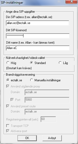 5.3. Ställa in SIP-adress Verktyg SIP-inställningar Här lägger du in dina SIP-användaruppgifter. Detta sker normalt i samband med installationen av Allan ec och du ska inte behöva ändra något här.