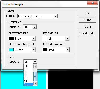 5.15. Textinställningar Du kan anpassa texten i textrutorna. Du kommer åt textinställningar via Verktyg Textinställningar. Figur 30 Här ställer du in textinställningar.