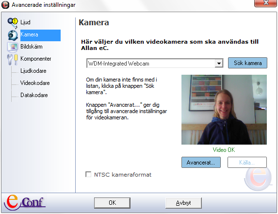 Verktyg Avancerade inställningar Kamera Klicka med muspekaren på vänsterspalten på Kamera (eller använd upp och ner piltangenterna). Figur 40 Dialogfönstret Avancerade inställningar för videokameran.