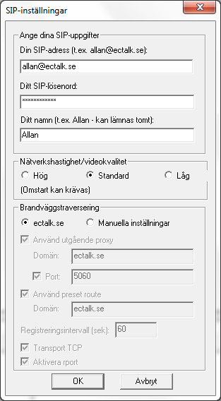 Figur 41 Här ska dina SIP-användaruppgifter finnas. Om du t.ex. byter SIP-adress eller får ett nytt lösenord, behöver du gå in här och göra ändringar. Brandväggstraversering Har du ett ectalk.