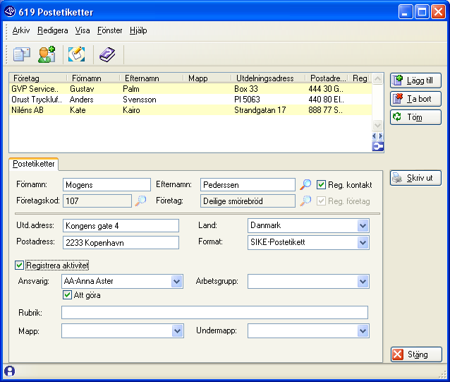 CRM-handbok för Pyramid Business Studio 9.4. Postetiketter Rutin 619 Postetiketter kan användas för att skriva ut en eller flera adressetiketter.