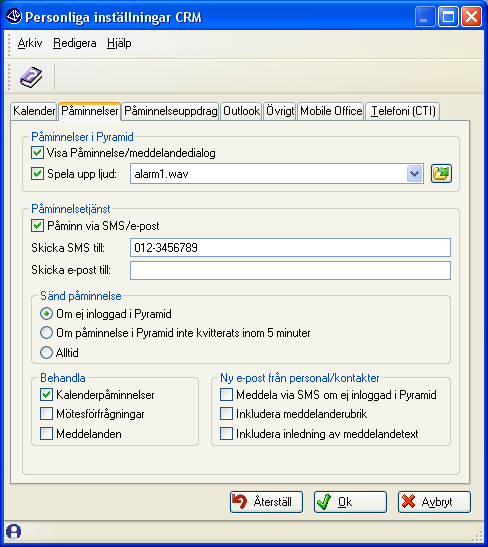 CRM-handbok - Begrepp, inställningar och egenskaper 1.3.2.2. Fliken Påminnelser (rutin 613 Kalender, Arkiv/Egenskaper) Här finns larmfunktion för påminnelse innan en aktivitet ska utföras.