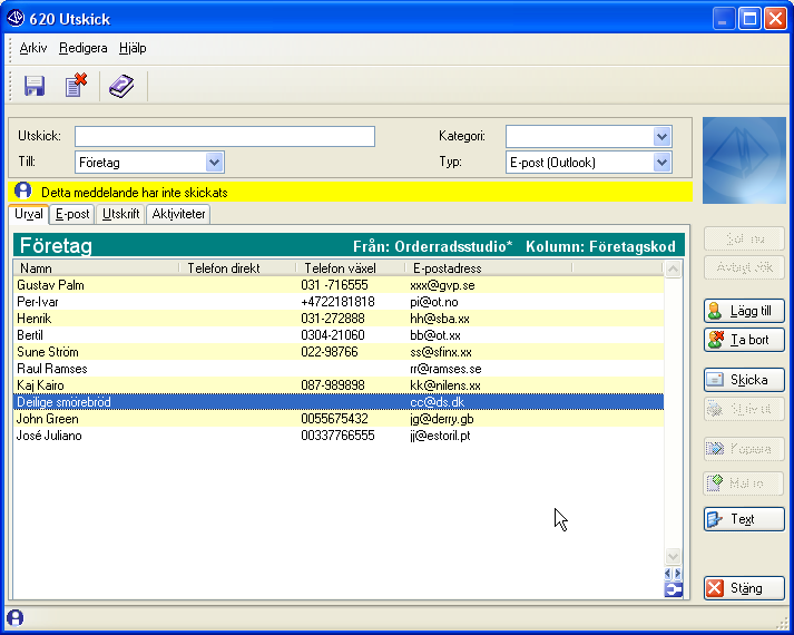 CRM-handbok - Centraler I dialogen som öppnats kan du se att urvalet skapats i Orderradsstudion och att e-postadresserna baseras på innehållet i kolumnen Företagskod.