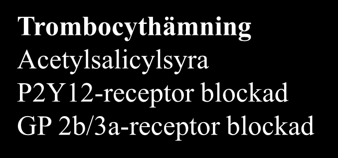 Trombocythämning Acetylsalicylsyra P2Y12-receptor blockad GP 2b/3a-receptor blockad Antikoagulation Faktor Xa hämmare