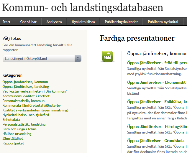 Färdiga presentationer så hittar du indikatorer för jämställd hälsa och vård 1. Börja med att välja fokus, dvs. det landsting du vill se data för. Färdigt urval 2.